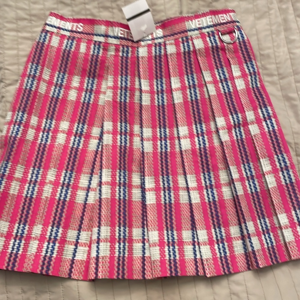 Vetements Pink Plaid Pleated Mini Skirt with Blue & White Accents - Picture 7 of 12